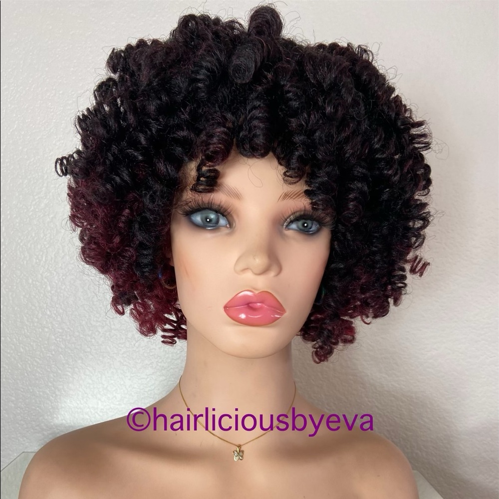 Short Curly afro wig red  burgundy black ombré - Picture 6 of 9